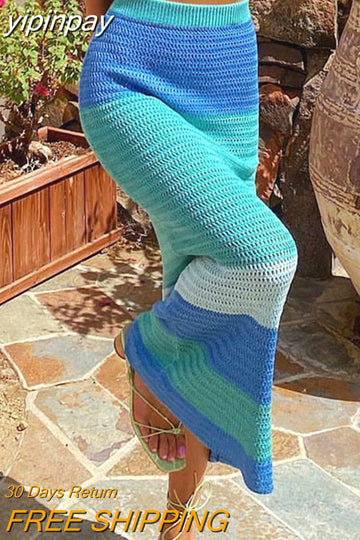 yipinpay 2023 Fashion Knitted Y2K Aesthetic Boho Beach Party High Waist Long Dress Sexy Women Hollow Out Maxi Skirt Vintage Summer